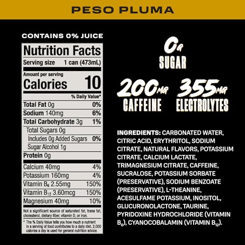 Image of PRIME Energy PESO PLUMA, Sugar Free Energy Drink, 200mg Caffeine and 355mg of Electrolytes for Hydration, Low Calorie, Vegan, Gluten Free, 16 Fluid Ounce, 12 Pack