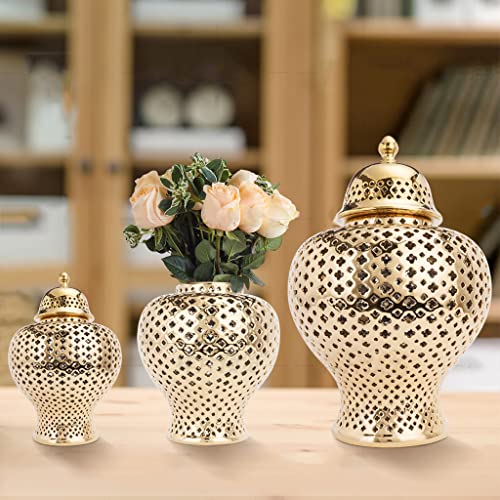 Artline Traditional Pierced Ginger Jar With Lid, Carved Lattice Decorative Temple Jar, Cut Out Ceramic Vases For Home Decor (Small, Gold) #TOP1