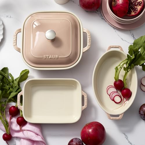 Image of Staub Ceramic 4-pc Baking Pans Set, Casserole Dish with Lid, Brownie Pan, Light Pink