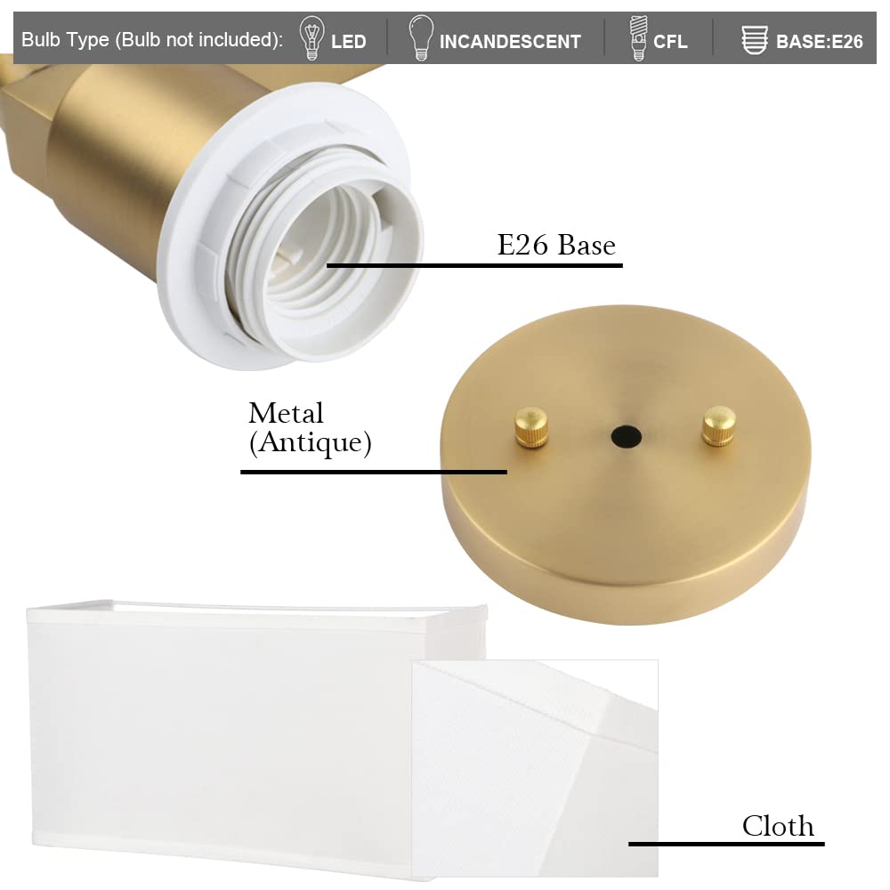 Yosoan Wall Sconce Indoor Night Bedside Fixture, Double-Head Vintage Industrial Wall Lamp White Square Textile Lamp Shade for Bedroom Living Room Corridor Study(White)