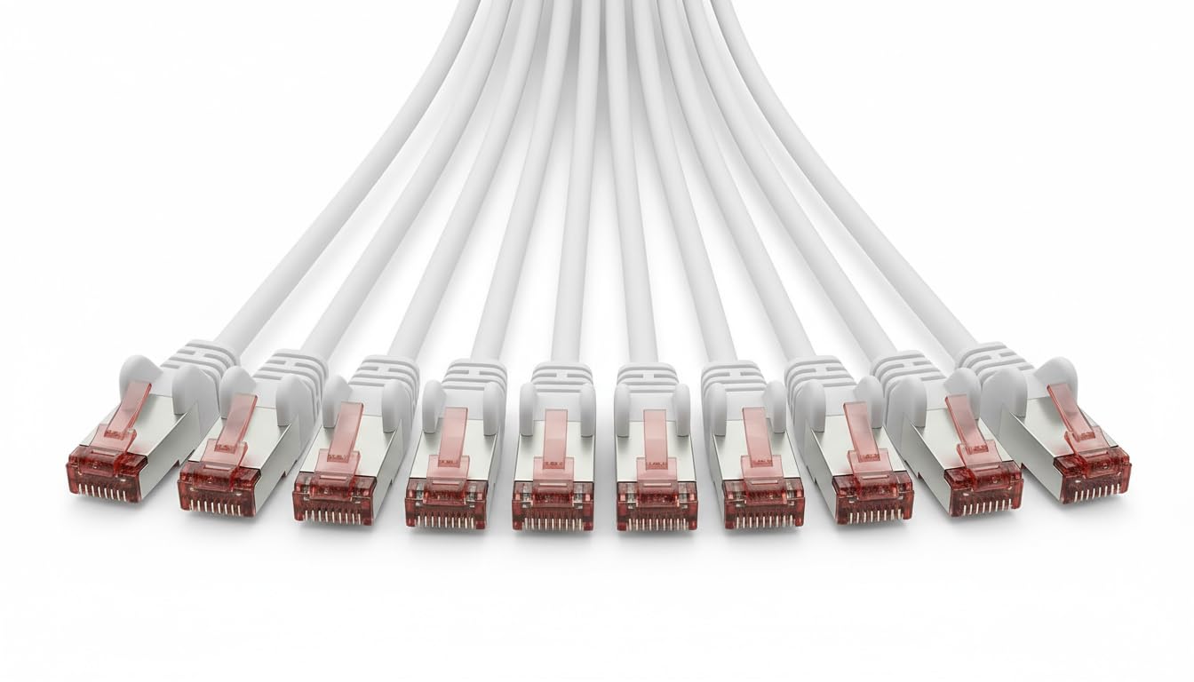 Cable de red Ethernet Cat6, 5 m, color blanco, RJ45, S/FTP PiMF, doble apantallamiento, Gigabit 250 MHz, contactos dorados para router, módem, conmutador, PC, 10 unidades