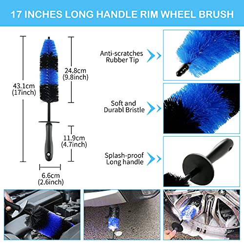 Protoiya 9PCS Car Wheel Tire Brush Set, 17Inch Long Rim Wheel Brush & 5Pcs Car Detail Brush Tire Brush with Towel for Vehicle Auto Engine Washing Cleaning Wheels, Interior, Exterior, Air Vents
