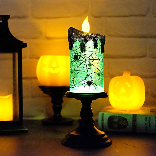 Image of Eldnacele Halloween Snow Globe Candles Lighted Lamp, Battery Operated Spooky Spinning Water Glittering Tornado Candle Flameless Candles Table Centerpiece for Halloween Decoration Indoor(Spider)