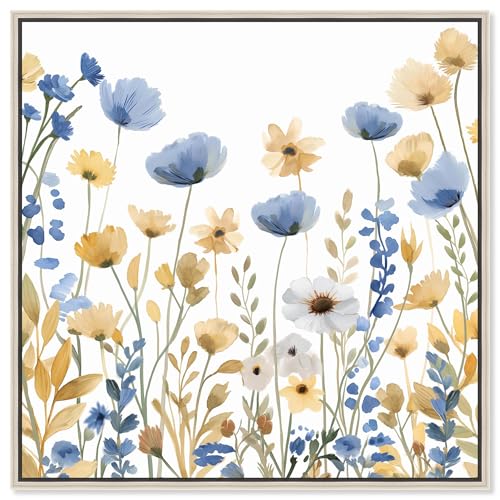 Art Remedy Indigo Yellow Wildmeadow Canvas Folk Art Prints, Silver Frame, 20" x 20"