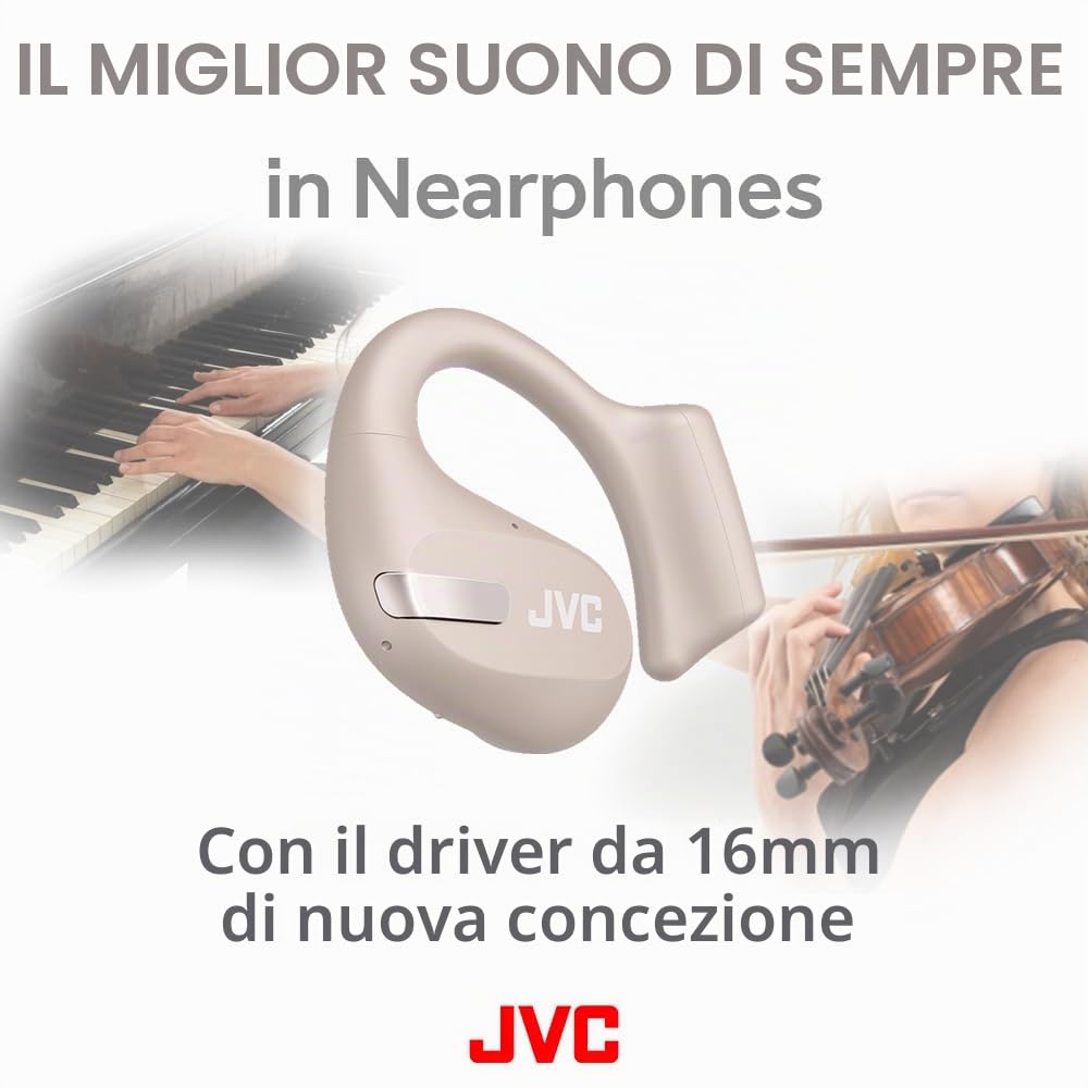 JVC NEarphones HA-NP50T-C, auricolari True Wireless, design a orecchio aperto, riduzione attiva del rumore, multi-punto, IPX4, muting microfono, 38 ore di autonomia, BT 5.3, beige sabbia