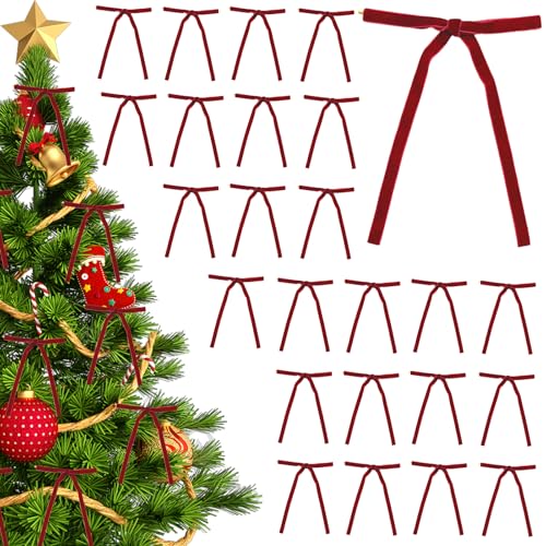 GWAWG 24 Piezas Lazos de Navidad para Árbol, Adornos de Terciopelo Rojo, Decoración para Árbol de Navidad, Lazos para Regalos, Manualidades y Decoración Fiestas Navideñas