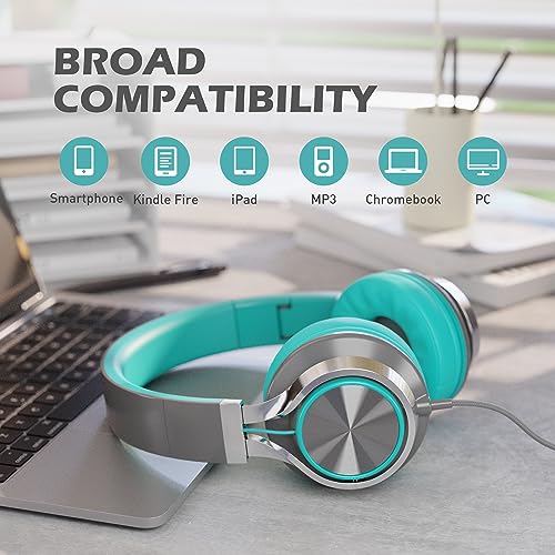 Ailihen C8 Kids Headphones Wired With Microphone And Volume Control Folding Lightweight Corded Headset For Boy Girls School Cellphones Tablets Chromebook Smartphone Laptop Computer Mp3/4 (Grey/Mint) #TOP3