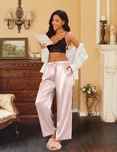 Image of Ekouaer Womens Silk Satin Pajama Lounge Pants Sleep Pj Bottoms with Pockets | Silky,Loose Wide Leg,Drawstring Elastic Waist,Casual,Loose,Elegant