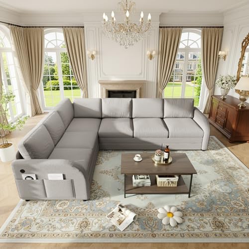 Image of KCGKCG 115.2 inch L Shaped Couch Bed, Sectional Couches for Living Room, Teddy Fabric Sleeper Sofa Bed with Pull Out Couch, Convertible Sectional Couch with Charging Station & Side Pocket, Light Grey