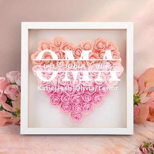 WMDIY Personalisierte Muttertagsgeschenk für Oma, Personalisierte Herz Getrockneten Blumen-Schattenbox mit Namen, Personalisierte 3D Bilderrahmen, Beste Oma Geschenk, Geschenke für Oma Geburtstag