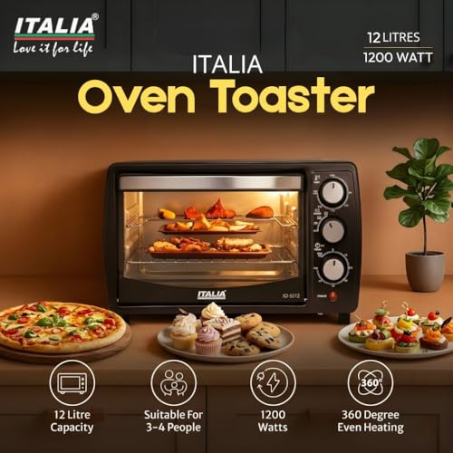 Image of ITALIA Premium 12L Multi-Function OTG for Kitchen, 1200W Oven Toaster Griller, Bake Grill Toast, Oven for Baking, Adjustable Temperature & Timer, Black, Unique 3 Key Setup, 1 Year Warranty (Black)