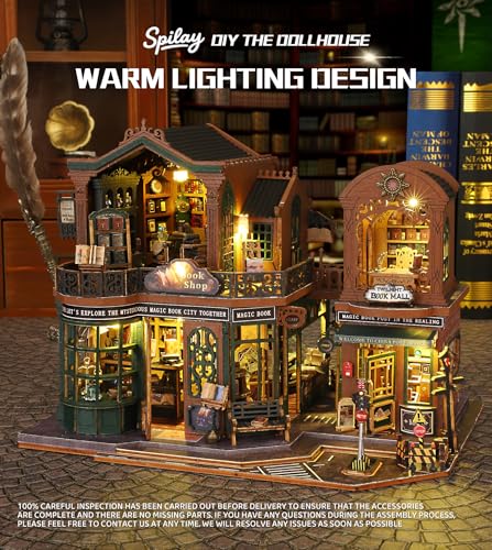Spilay DIY Miniature Dollhouse Set with Wooden Furniture and LED Music Box dust Cover DIY Dollhouse Set, Handmade Craft Gifts for Birthdays, Christmas and Valentine\'s Day-(Twilight Book City)