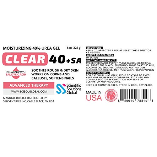 Clear 40 +Sa, 40% Urea Gel + 2% Salicylic Acid, 8 Oz W/Tea Tree & Coconut Oil, Aloe Vera, Callus & Corn Remover Softens Cracked Heels, Feet, Elbows, Hands, Nails, Superior Hydration To Urea Creams #TOP1