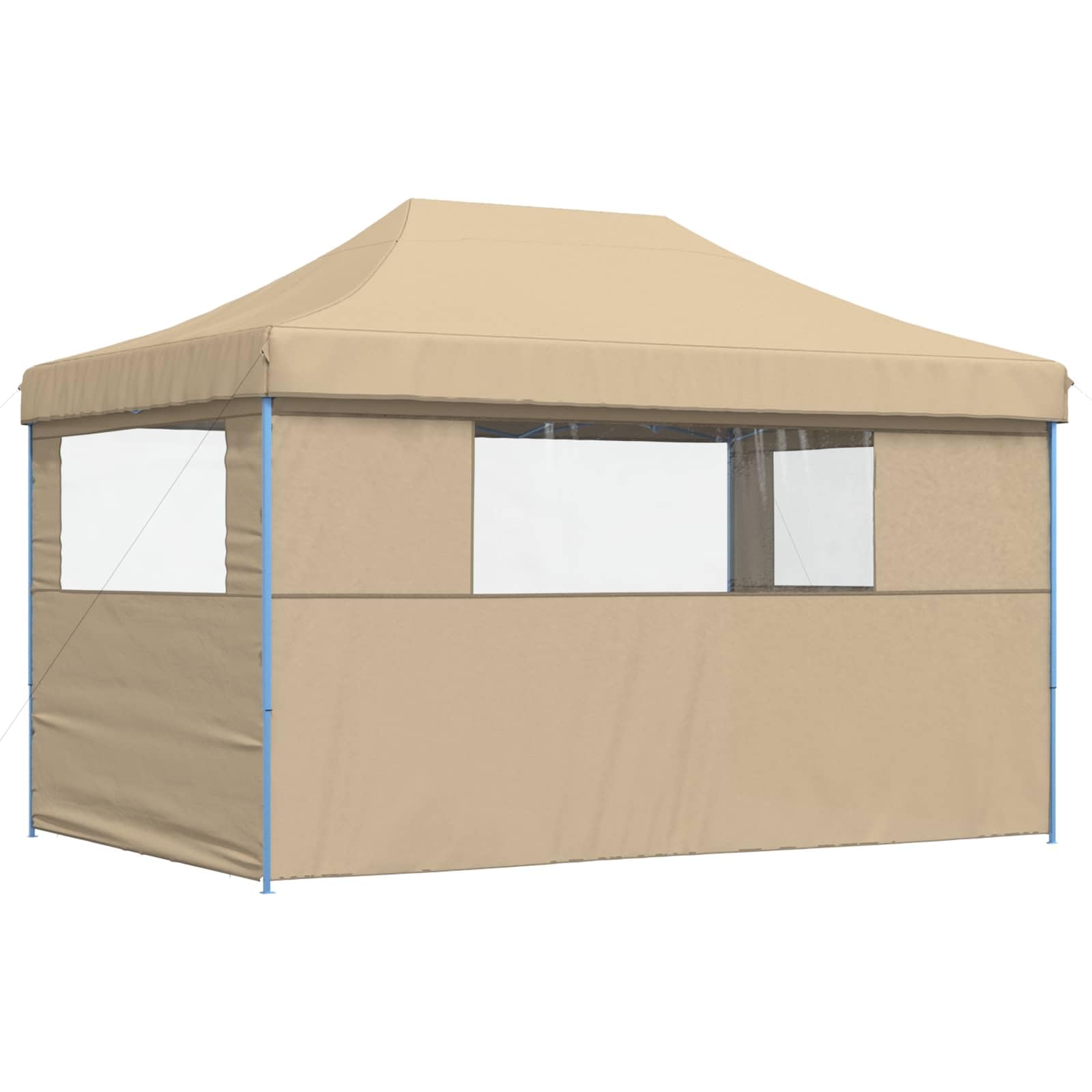 Składany namiot Pop Up Beżowy 440 x 292 x 315 cm, 3 ściany | Dach z tkaniny Oxford z powłoką PCW, stalowa rama malowana proszkowo, przezroczyste okna, 8 śledzi i 4