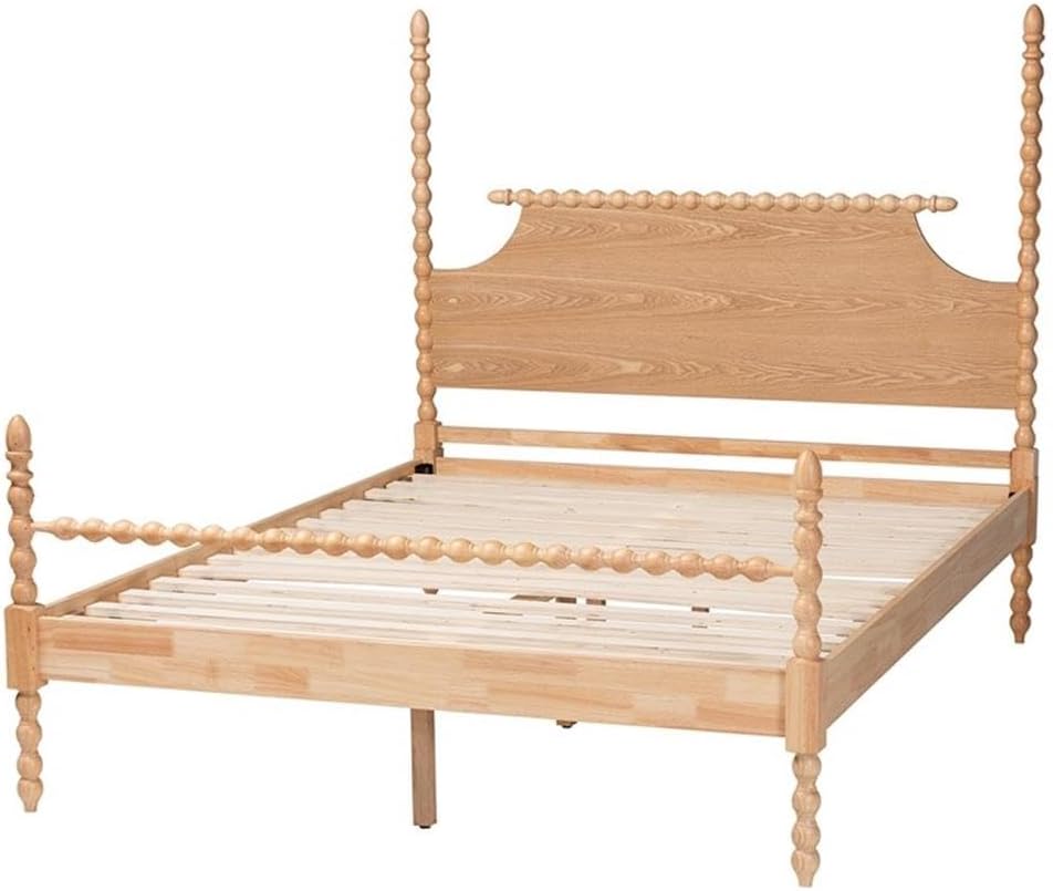 Pemberly Row Mid-Century Wood Four-Poster Platform Bed, Natural Brown Finish, Queen Size, Rubberwood Construction, Scalloped Headboard, Turned Bobbin Spindles, Sleek Low-Profile Design, Rustic