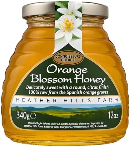 Heather Hills Farm Raw Spanish Orange Blossom Honey 340g (12oz) | Pure, Natural, Artisan Monofloral Honey from Spain in Glass Jar | Unfiltered & Unpasteurized, Delicately Sweet Citrus Finish
