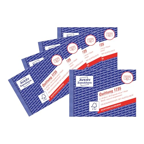 AVERY Zweckform 1735-5 Quittungsblock (A6 quer, 2x40 Blatt, mit Durchschlag, fälschungssicher, separat ausgewiesene MwSt., für Deutschland und Österreich) 5er Pack weiß/gelb