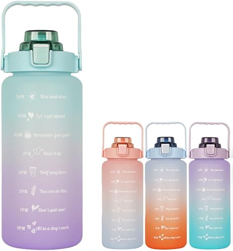 Botella de agua motivacional grande con marcador de tiempo y pajilla, libre de BPA para deporte y fitness (64 onzasmedio galón) (púrpura-verde)