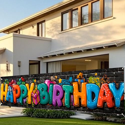 Image of Nuxovilar Happy Birthday Graffiti Banner 18x79 Inches Polyester