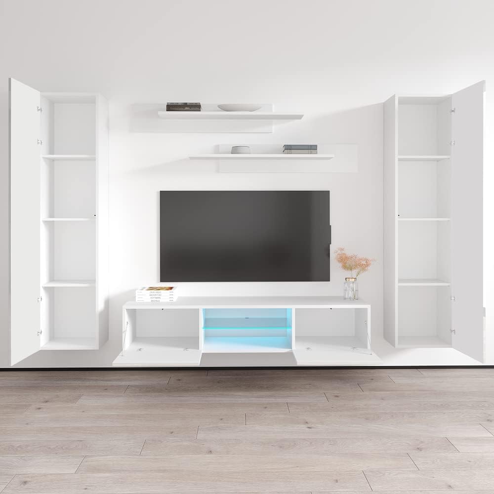 Meble Furniture Fly AB2 33TV Stand Wall-Mounted Entertainment Center — Floating Modern TV Console with Storage Shelves and LED Lights, 65.4 x 15.7 x 18.1 in — White