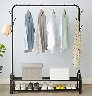 Vivo Heavy Duty Metal Clothes Hanging Rail Clothes Rails 8 Hook Clothing Coat Dress Shirt Garment Stand with Double Shoe Rack Shelf Black