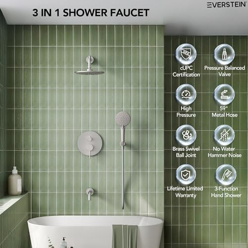 Sistema de ducha Rainfall con rociador de mano, conjunto de grifería para baño de pared de alta presión de 9" con caño para bañera, acabado níquel cepillado miniatura 2