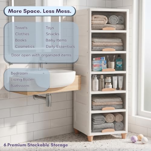 Image of HoopVool Foldable Storage Cabinet, Stackable Plastic Storage Box with Front Opening Door, Dustproof Organizer for Clothes, Toys, Books, Bathroom & Bedroom (6-Tier (33 X 38 X 156 CM))