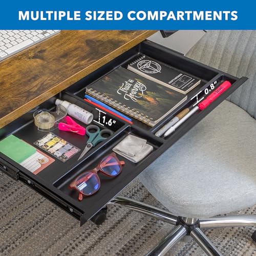 Image of Mount-It! Under Desk Drawer with 4 Compartments, Deep Low-Profile Slide-Out Storage Organizer, 25.8″ x 12.5″ x 1.6″, Smooth Glide Pull-Out Tray for Traditional & Single Motor Standing Desks, Black