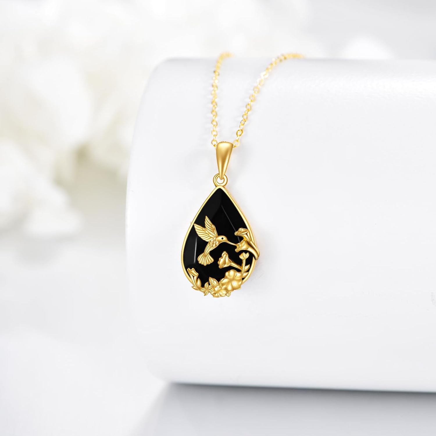 KECHO 14K Real Gold Black Crystal Necklace Vintage Pendant Solid Yellow Gold Gothic Jewelry Gifts for Women - Image 2