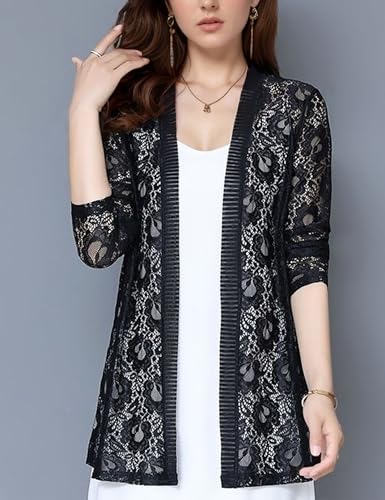 Image of FindThy Women's 3 /4 Sleeve Lace Cardigan Long Sleeve Open Front Floral Crochet Shrug Cover Up