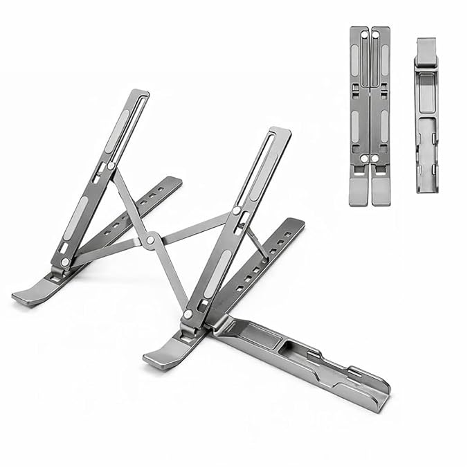 TARKAN 2 in 1 Portable & Foldable Aluminium Laptop Stand + Mobile Stand with Adjustable Height & Angle for Laptops, MacBook, Phones (Silver)