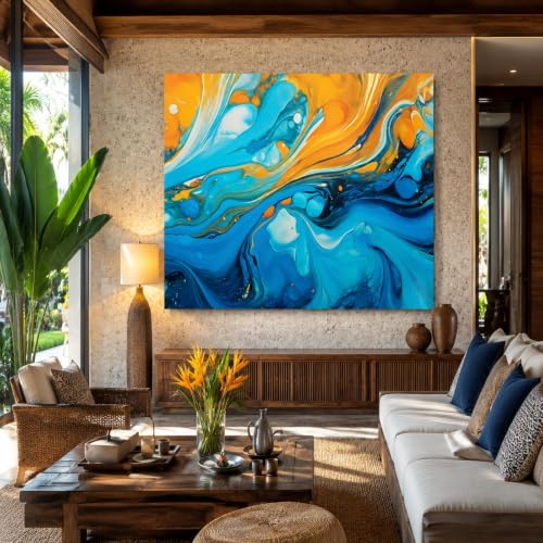 Tapisserie murale 150x150cm au motif abstrait bleu et orange pour une decoration interieure moderne