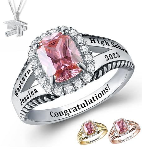 PJM Customized Sterling Silver Women’s High School Class Ring – Style Collection – Fully Personalized (Sterling Silver Platinum)
