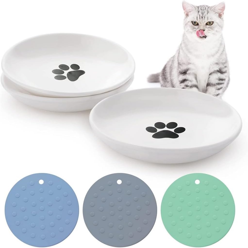 Cat Plates Ceramic Food: Bowls Cat Feeding Wide Whisker Fatigue Relief Stress Dishes Shallow Kittens Small Animals Wet Food Non-Slip Mat
