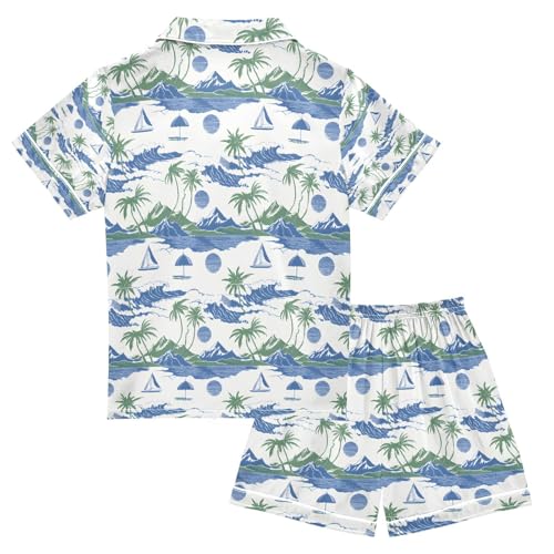 senya Palm Tree Sailboat Mountain Wave Satin Summer Pajama Sets Silk Short Sleeve Button Down Sleepwear2