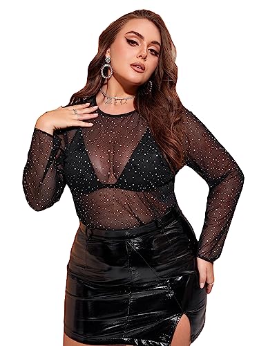 WDIRARA Women's Plus Size Rhinestone Sheer Mesh See Through Round Neck Long Sleeve Top
