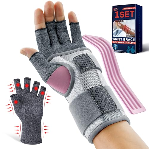 Image of FEATOL Compression Arthritis Glove with Wrist Brace, Comfortable Fingerless Carpal Tunnel Hand Gloves for Women Night Support, Pain Relief for Rheumatoid Arthritis, Work, Typing - Left Hand, Small