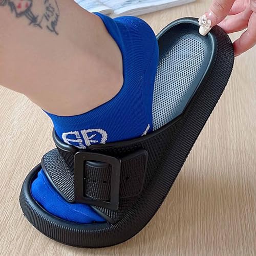 Buckle Rubber Arch Support Pillow Slippers Comfy Cloud Slippers Thick Sole EVA Soft Cushion Slides Open Toe Quick Drying Spa Bath Pool House Casual Shower Sandals Indoor Outdoor,Black 35-362