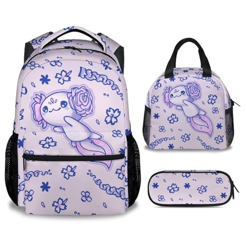 Axolotl Backpack with Lunch Box for Kids - Set of 3 School Backpacks Matching Combo - Pretty Colorful Bookbag and Pencil Case Bundle