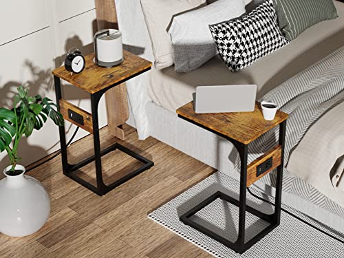 Superjare C Shaped End Table With Charging Station, Bed Side Table With Usb Port & Outlet, Couch/Sofa Side Table, Snack Table, Nightstand, Metal Frame, For Living Room, Bedroom - Rustic Brown #TOP5