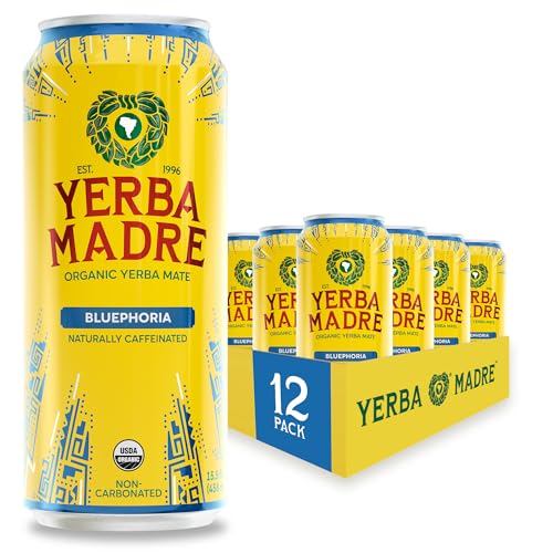 Yerba Madre Organic Yerba Mate, Bluephoria, 150mg Natural Caffeine, Energy Drink Alternative, No Jitters or Crash, 15.5 Oz Cans (Pack of 12)
