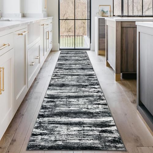 KOZYFLY Modern Abstract Kitchen Runner Rug, 2x10 Washable Rug Runner Non-Slip Soft Striped Hallway Runner Rugs, Black Navy Blue Grey Carpet Runner for Entryway Bathroom Laundry Room Foyer