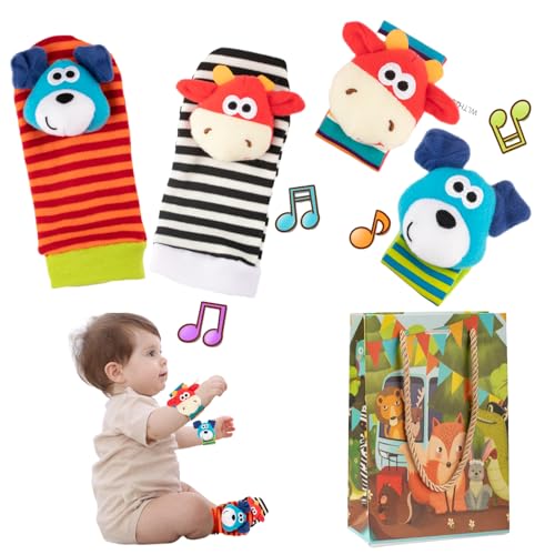 LAUMOE 4 Stück Rasselsocken Baby 0-6 Monate, Rasselsocken Baby, Rasselsocken, Baby Gadget Babygeschenk für Neugeborene Mädchen und Jungen (Welpe+Kalb)