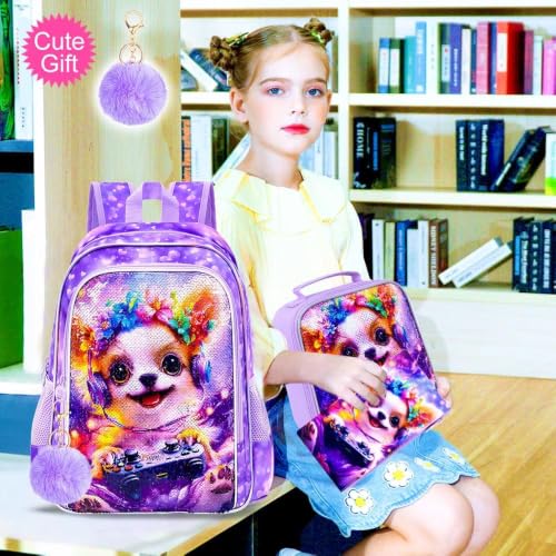 Image of CCJPX 3Pcs Dog Backpack for Girls, 16 inch Kids Sequin Bookbag with Lunch Box, Cute Water Resistant Schoolbag for Preschool Kindergarten Toddler(Purple)