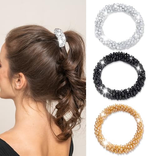 3PCS Rhinestone Hair Ties,Fashion Elastic Ponytail Holders Hair Bands,Chamapgne Glitter Hair Scrunchies,Shiny Elastic Scrunchies Beaded Hair Ties,Sliver Sparkly Hair Accessories for Ladies Women Girls