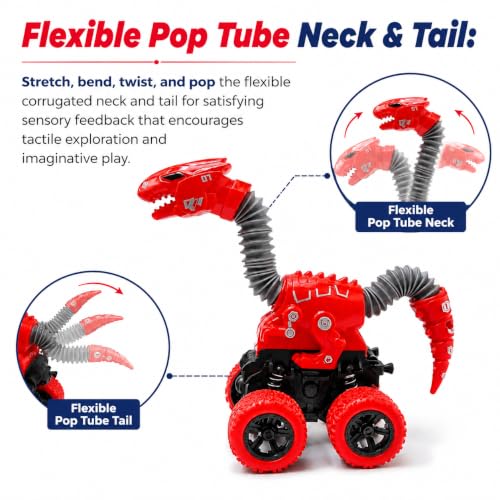 Image of Jurassic Dinosaur Monster Truck Toy for Kids | Push & Go 360 Stunt Car with Flexible Pop Tube Neck & Tail | Off-Road Monster Vehicle | No Battery Required | Gift for Boys & Girls 3+ Years