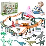 Dinosaurier Spielzeug Autorennbahn, 167 Teilen Dinosaurier Rennstrecke Geschenk für Kinder von 3–6 Jahren, Flexibles Dinozug Eisenbahnen mit Dino-Rennwagen, Leuchtende Musikbrücke