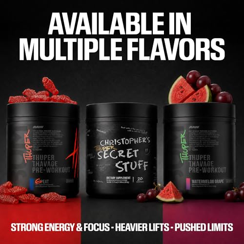 Image of RAW Thuper Thavage Pre Workout Powder - High-Stim Preworkout with Creatine, Beta Alanine, L-Citrulline & Caffeine - Chris Bumstead Gym & Fitness Supplement for Men & Women - Watermelon Grape