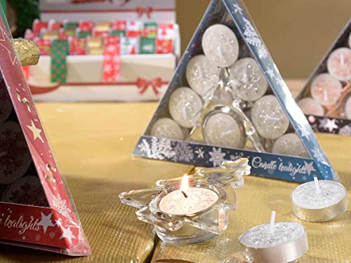 Bougies de Noël, Lot de 8 Bougies Motif Flocon de Neige Scintillant Argent avec Support Sapin en Verre.Emballage Bleu Cover