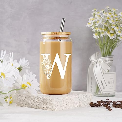 Image of Coolife Initial Glass Cup, Monogrammed Gifts for Women, 16 oz Tumbler w /Lid | Iced Coffee Smoothie Beer Tumbler w /Straw Lid - Personalized Christmas, Birthday Gifts for Woman Her Mom Friend